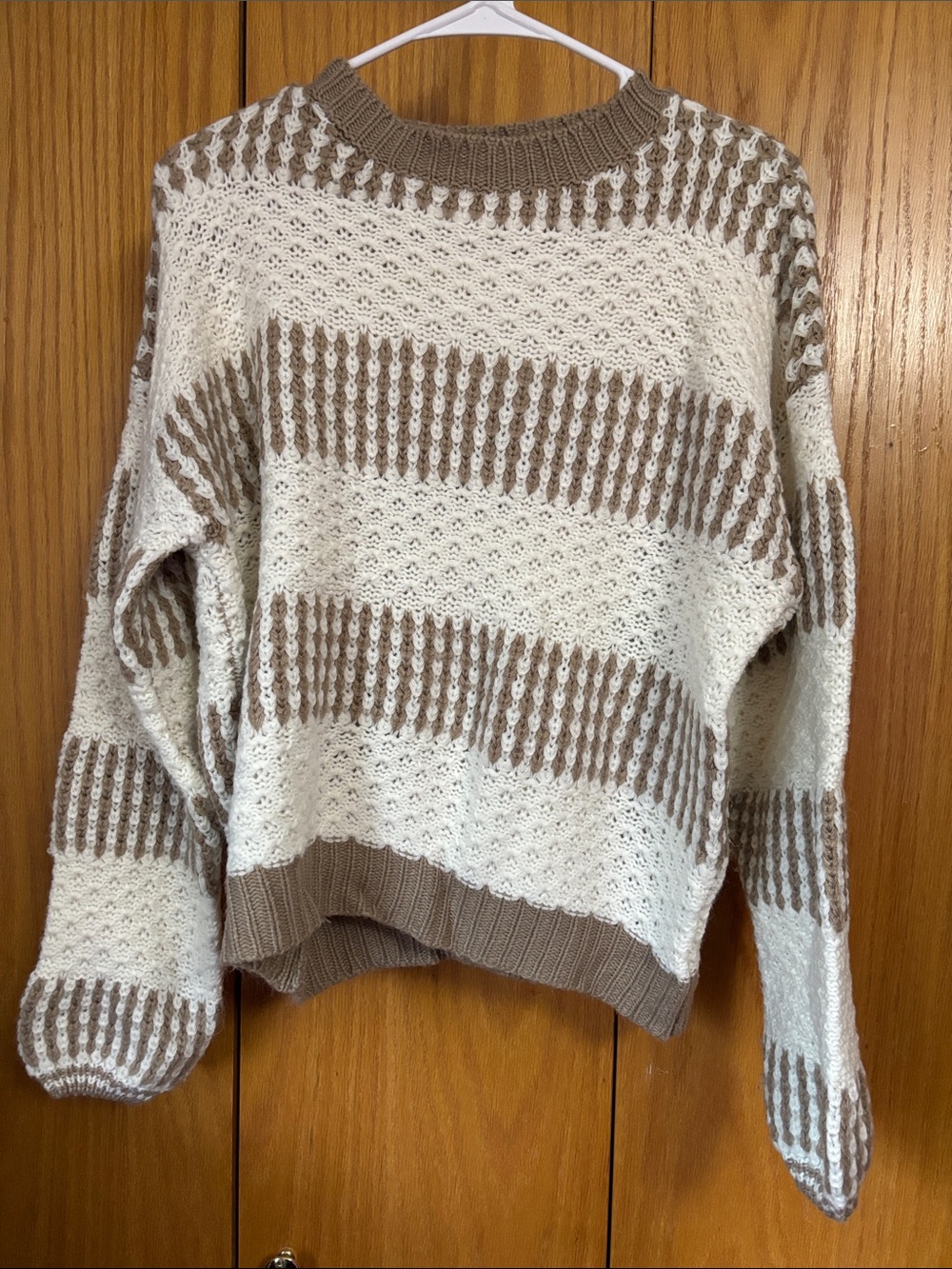 SHEIN Cream and Tan Striped Open-Knit Crewneck Sweater
